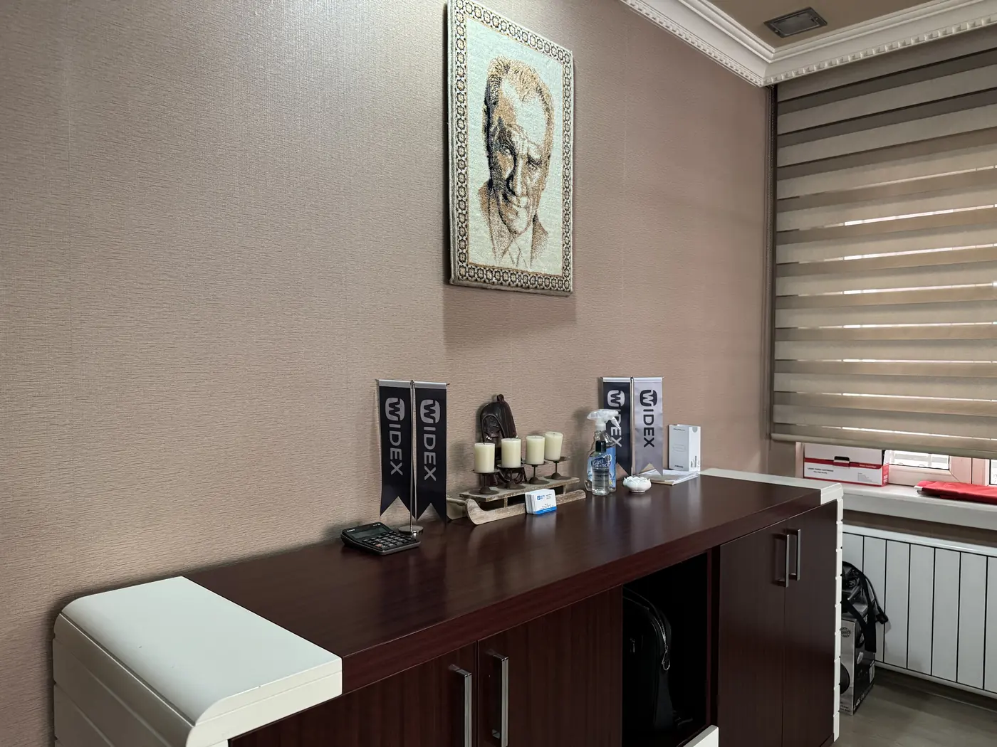 Doruk İşitme Cihazları Tandoğan Şubesi bekleme köşesinde ahşap konsol ve Widex bayrakları