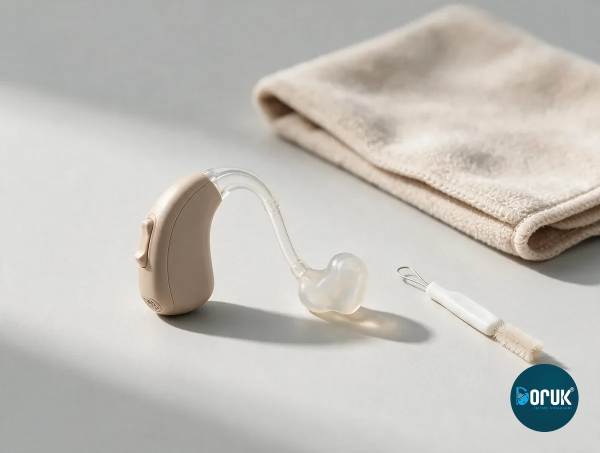 Kulak arkası işitme cihazı, temizlik fırçası ve mikrofiber bez
