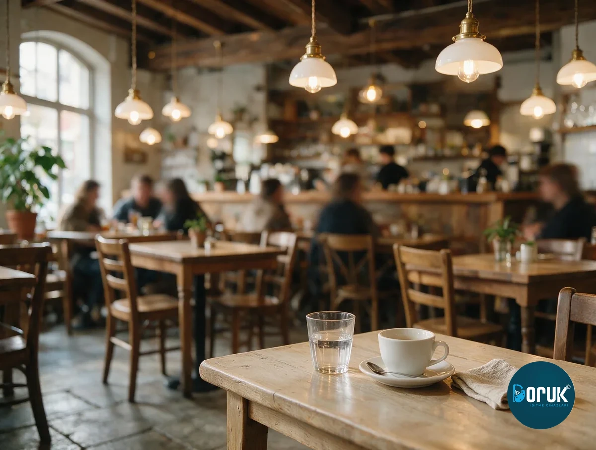 Kalabalık bir kafenin içi; arka plan bulanık, ön planda bir masa
