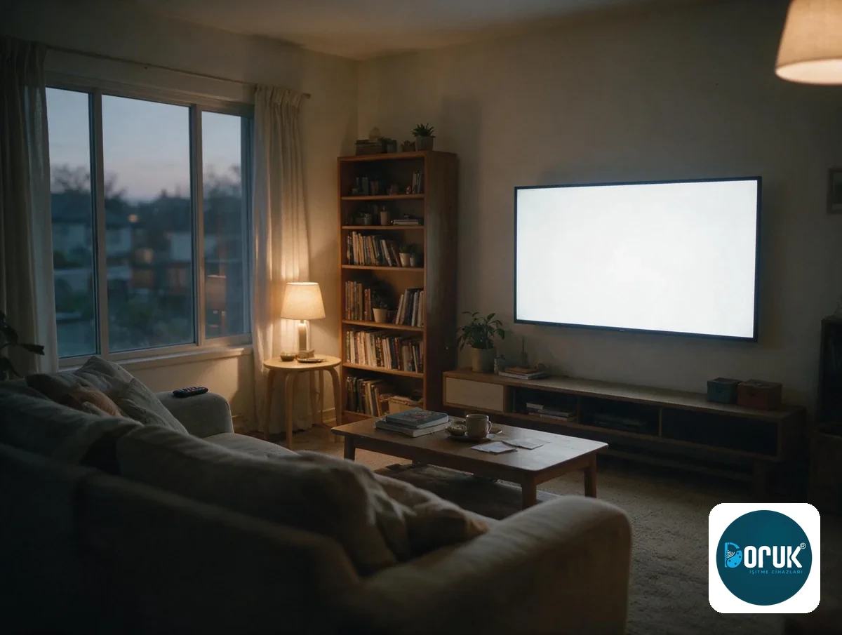 Akşam saatinde bir oturma odası; duvara asılı televizyon açık, odayı aydınlatıyor