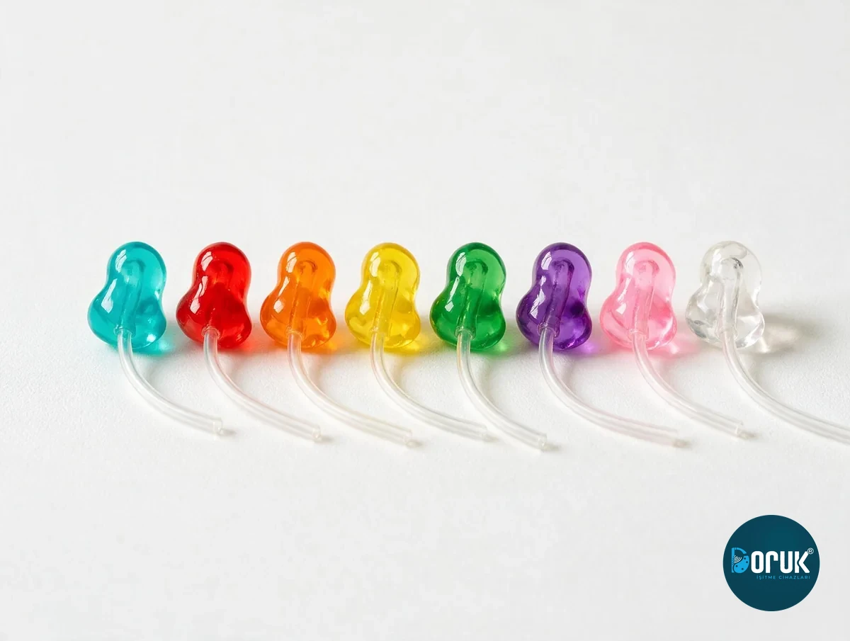 Turkuaz, kırmızı, turuncu, sarı, yeşil, mor, pembe ve şeffaf renklerde sekiz kulak kalıbı