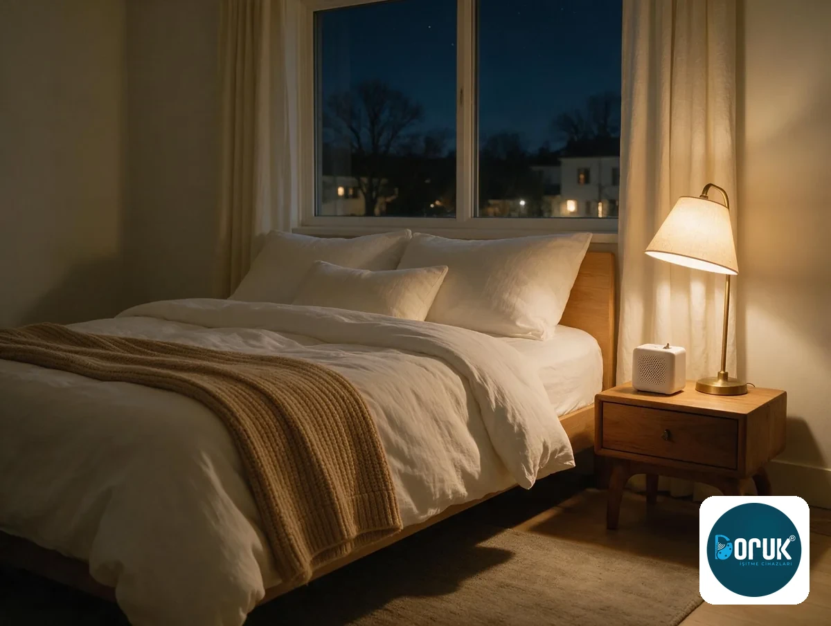 Gece bir yatak odası; başucu sehpasında lamba ve küçük bir ses cihazı