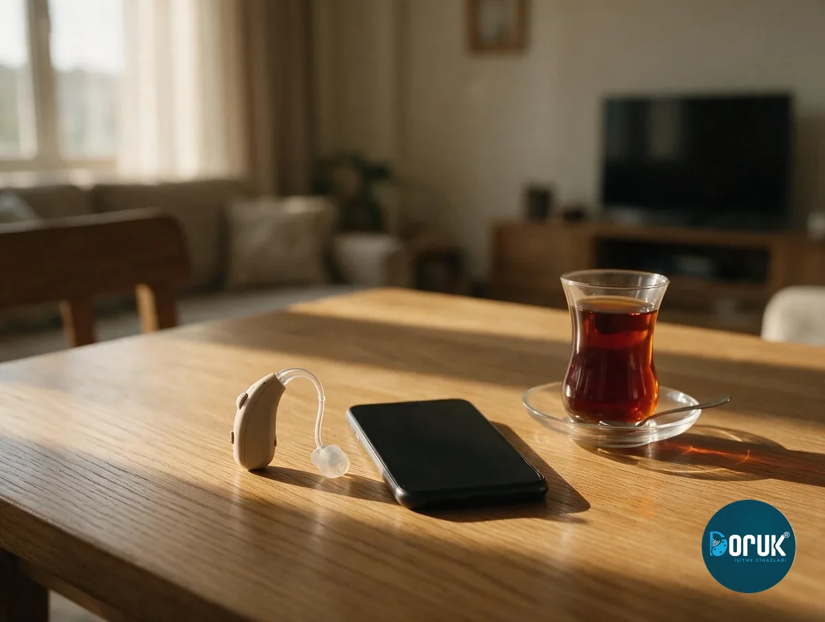 Ahşap masada yan yana duran bir işitme cihazı ve telefon, yanında çay bardağı