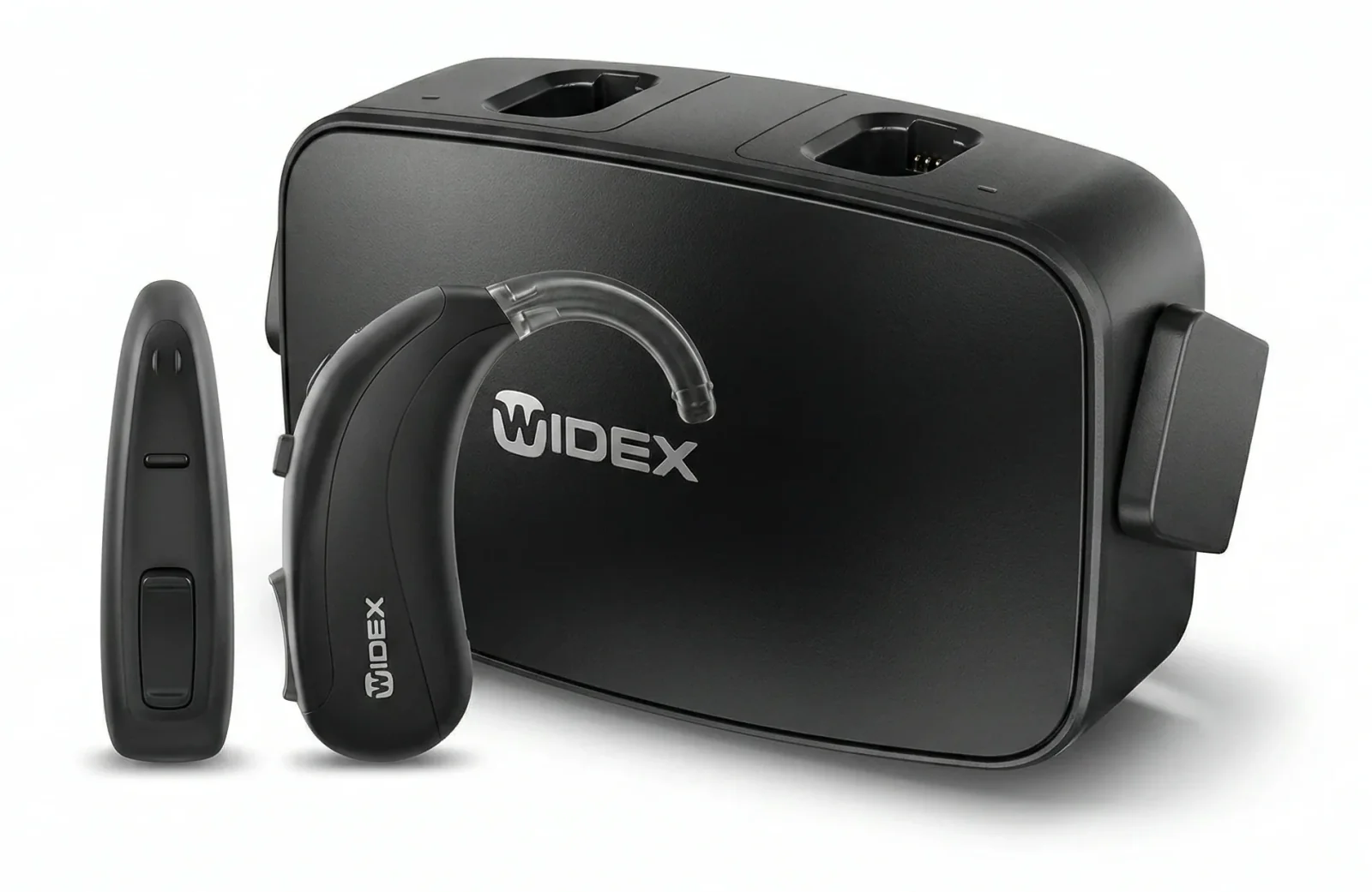 Widex Moment MBR3D şarj edilebilir kulak arkası işitme cihazı, şarj cihazıyla birlikte